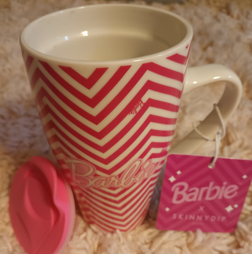 Barbie X SkinnyDip London Pink Chevron Ceramic Travel Mug & Lid, 16 Ounce.